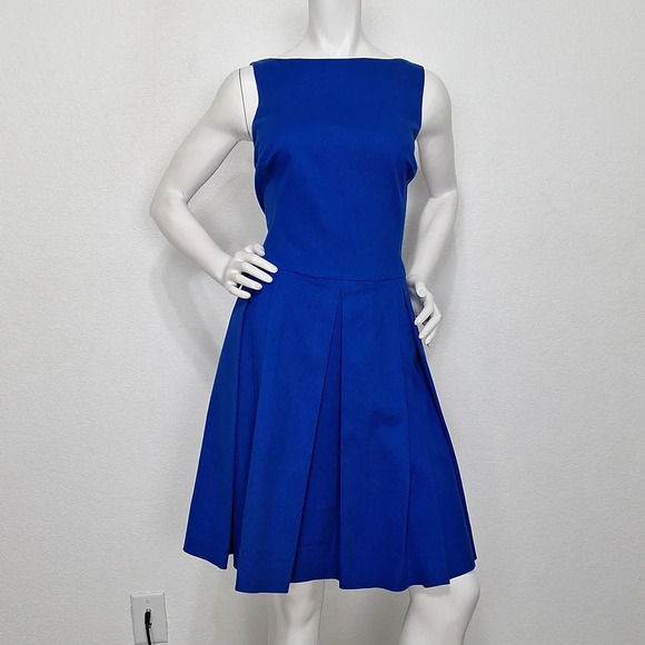 Polo Ralph Lauren Cobalt Blue Romantic Quiet Luxury Pleated Knee Length Dress 12 - Picture 1 of 10